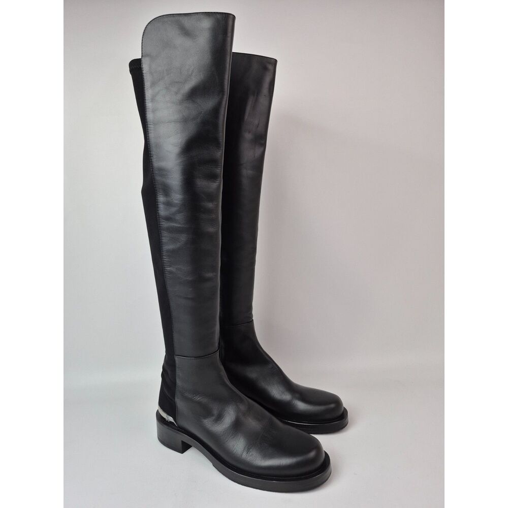Stuart Weitzman Womens Black 5050 Bold Leather Logo Over the Knee Boots Size 7.5